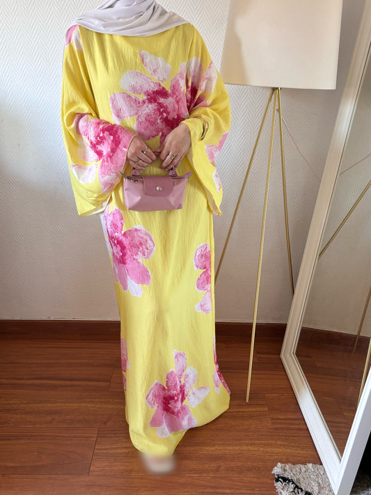 ROBE SAFIYA FLEURIE JAUNE ET ROSE