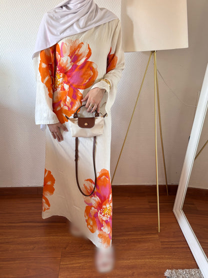 ROBE BLOOM FLEURIE CRÈME ET ORANGE