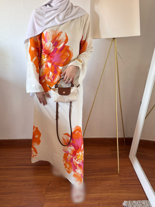 ROBE BLOOM FLEURIE CRÈME ET ORANGE