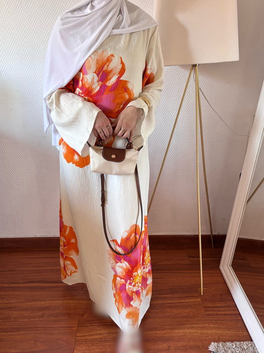 ROBE BLOOM FLEURIE CRÈME ET ORANGE