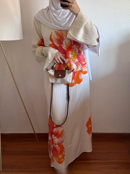 ROBE BLOOM FLEURIE CRÈME ET ORANGE